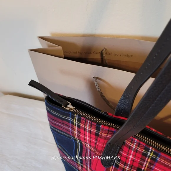 ❤J JILL real LEATHER trim 100% cotton plaid NWOTzipper, interior pocket tote bag - Picture 9 of 16